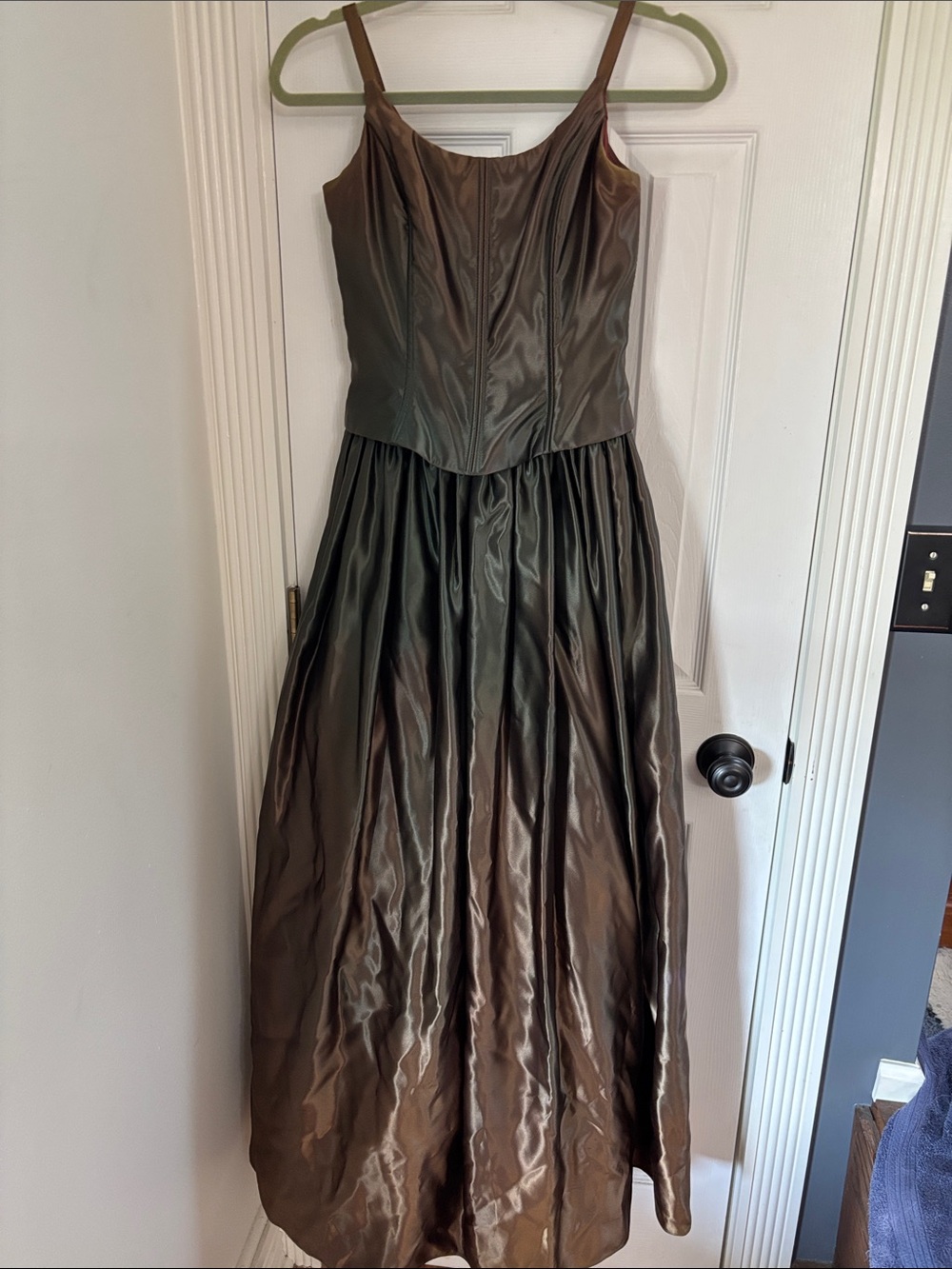 Gunne Sax Brown Green Iridescent Satin Maxi Dress with Structured Bodice